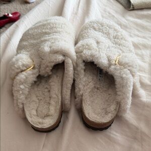 Birkenstock White Shearling Slippers with Gold Buckle